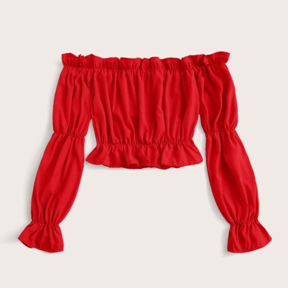 red ruffle off the shoulder top